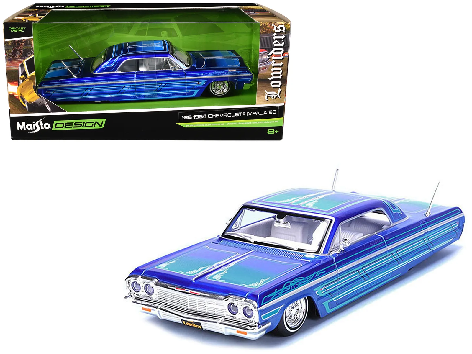 Maisto 32547BL — 1964 Chevrolet Impala SS Lowrider Candy Blue with Graphics and White Interior "Lowriders" "Maisto Design" Series 1/26 Diecast Model Car by Maisto