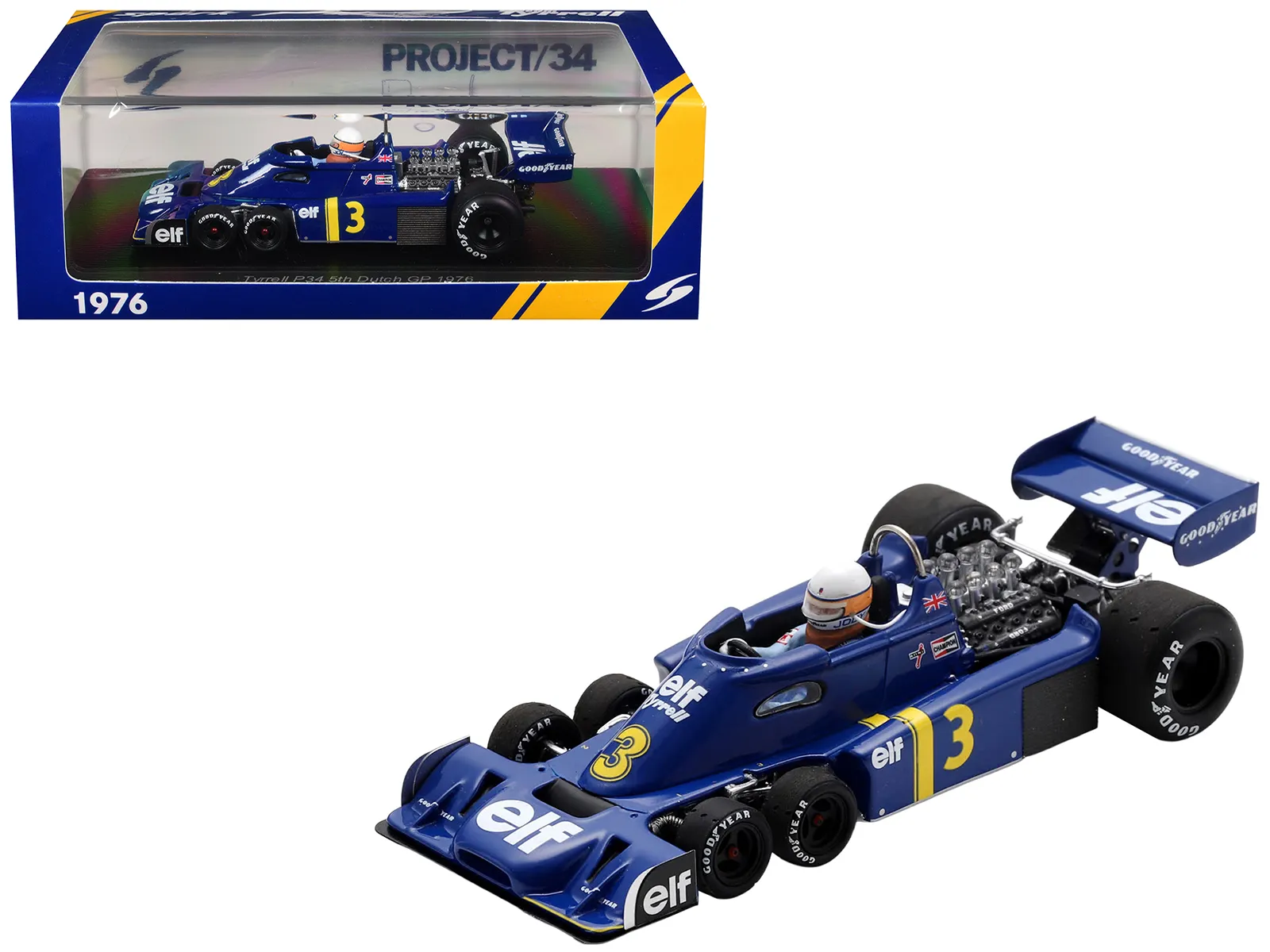 Spark S7309 — Tyrrell P34 #3 Jody Scheckter Formula One F1 "Dutch GP" (1976) with Driver 1/43 Model Car by Spark