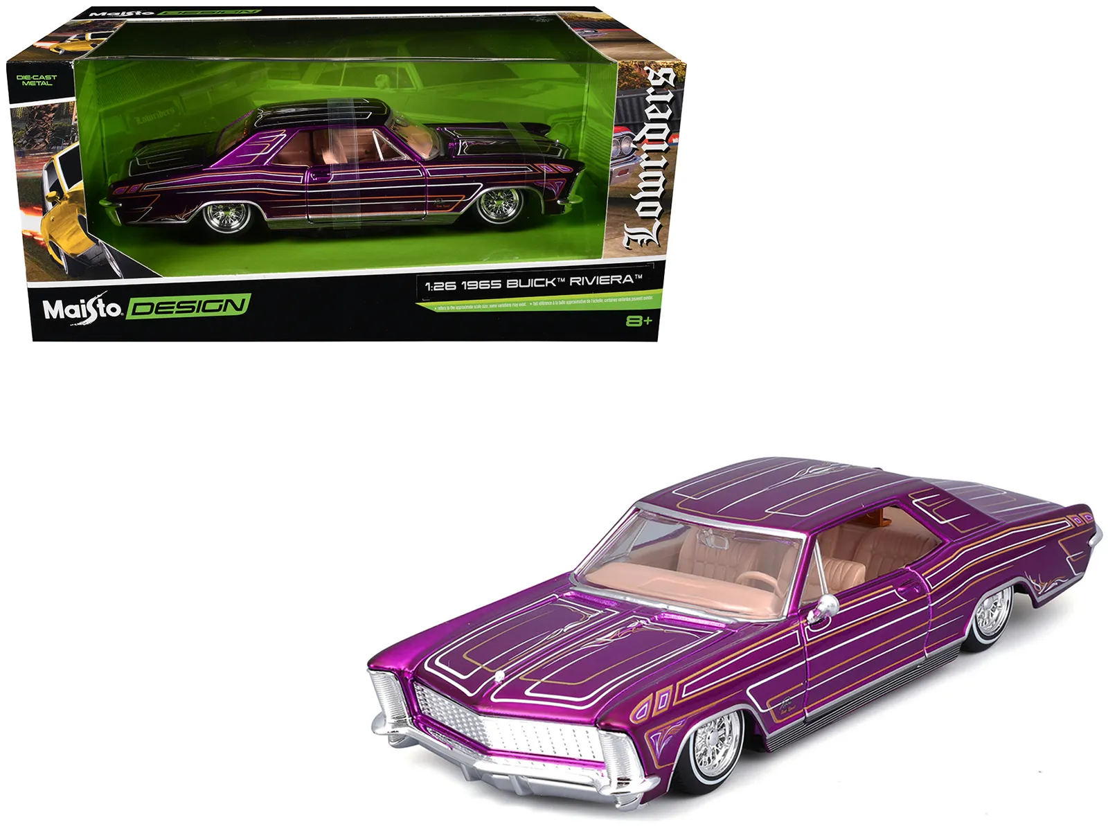 Maisto 32551PU — 1965 Buick Riviera Lowrider Purple Metallic with Graphics "Lowriders" Series 1/26 Diecast Model Car by Maisto