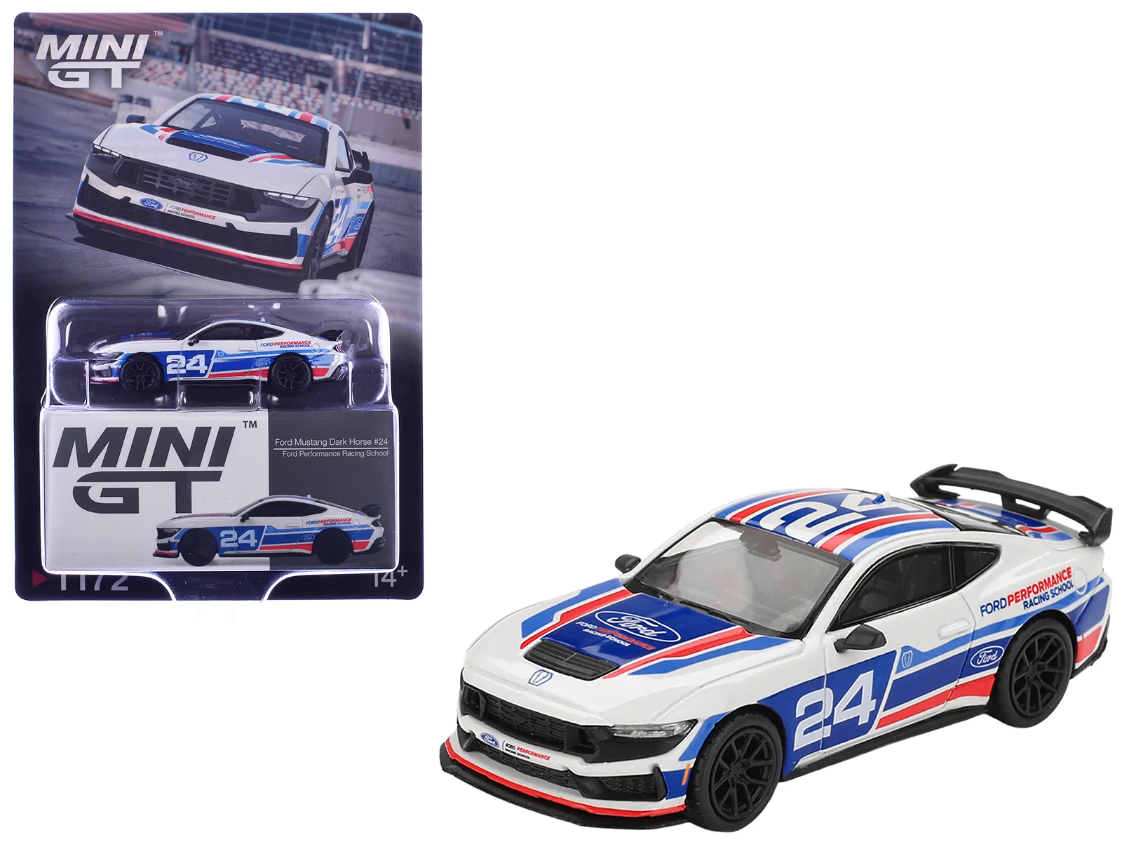 Mini GT MGT01172 — Ford Mustang Dark Horse #24 "Ford Performance Racing School" White with Red and Blue Graphics Limited Edition 1/64 Diecast Model Car by Mini GT