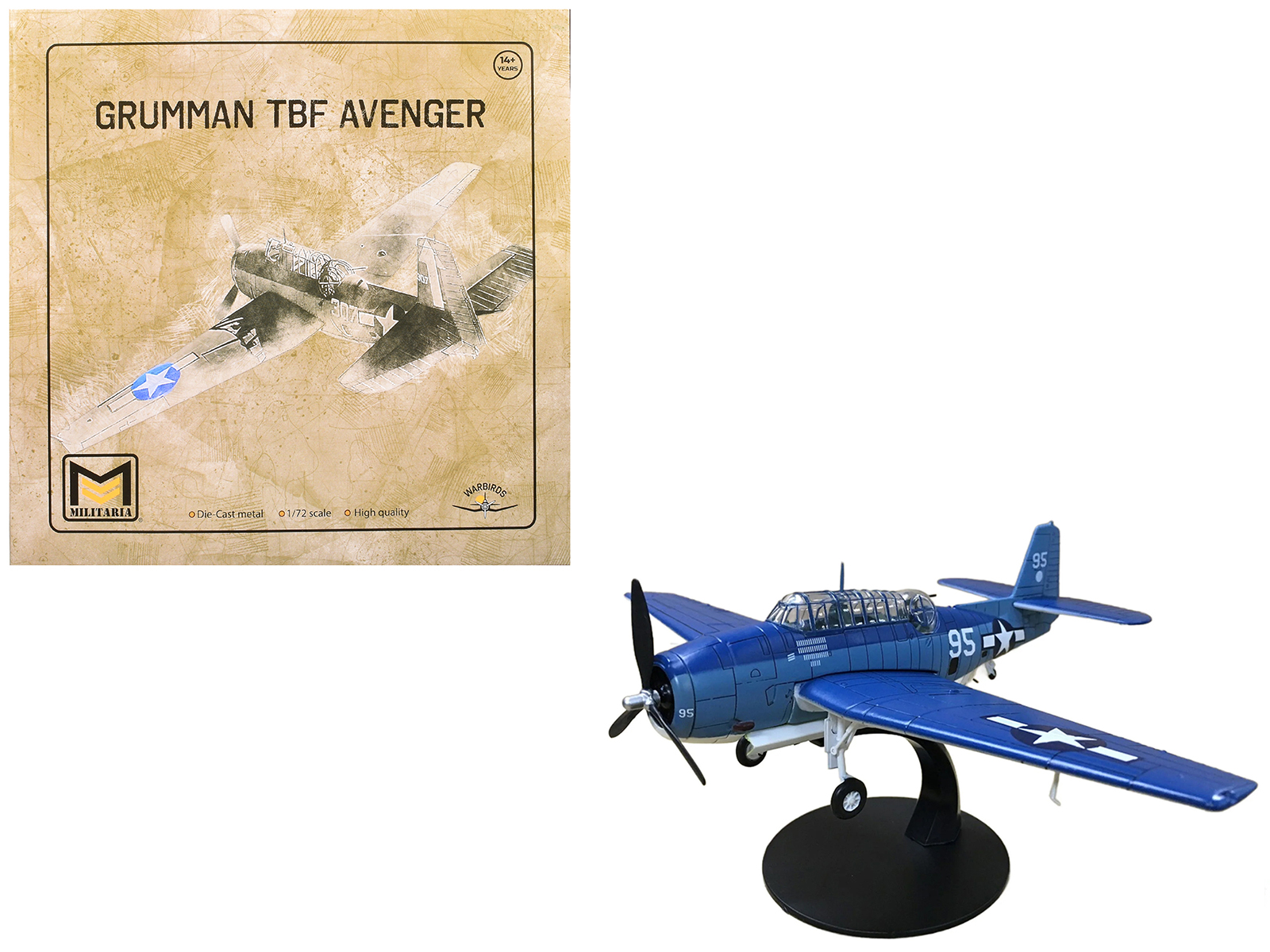 Militaria Die Cast 24221-42 — Grumman TBF Avenger Bomber Aircraft "White 95 USS Hornet" (1944) United States Navy 1/72 Diecast Model by Militaria Die Cast