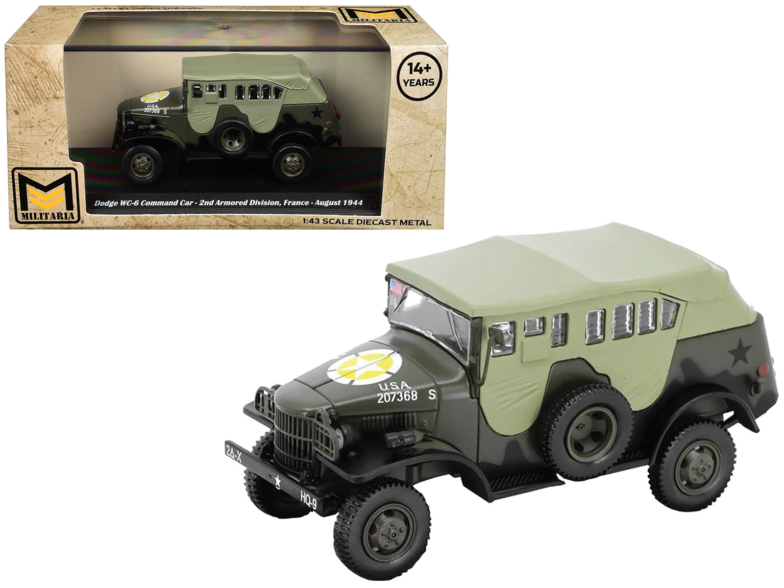 Militaria Die Cast 24219-44 — Dodge WC-6 Command Car with Canvas Top Olive Drab "2nd Armored Division France" (1944) United States Army 1/43 Diecast Model by Militaria Die Cast