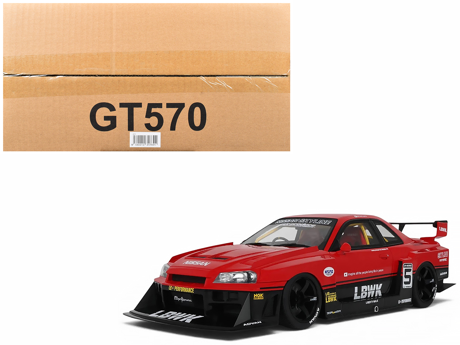 Gt Spirit GT570 — 2020 Nissan Skyline GT-R (R34) LB-Super Silhouette RHD (Right Hand Drive) #5 Red and Black 1/18 Model Car by GT Spirit