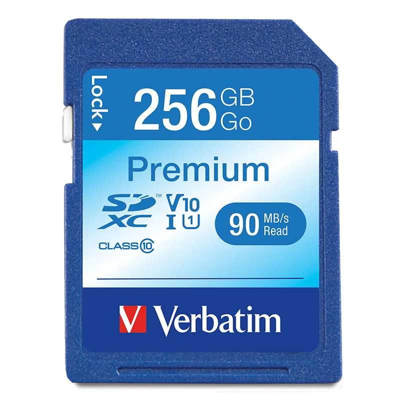 VERBATIM VER 99828 — Verbatim Premium 256 GB Class 10/UHS-I (U1) SDXC - 1 Each - TAA Compliant - 90 MB/s Read - Lifetime Warranty