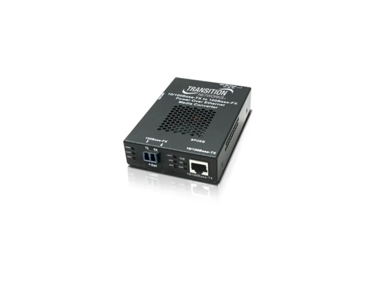Transition Networks SPOEB1039-105-NA — 10/100BASE-TX RJ45 POE TO 100BASE-FX, MM LC, 2 KM WITH -NA POWER SUPPLY
