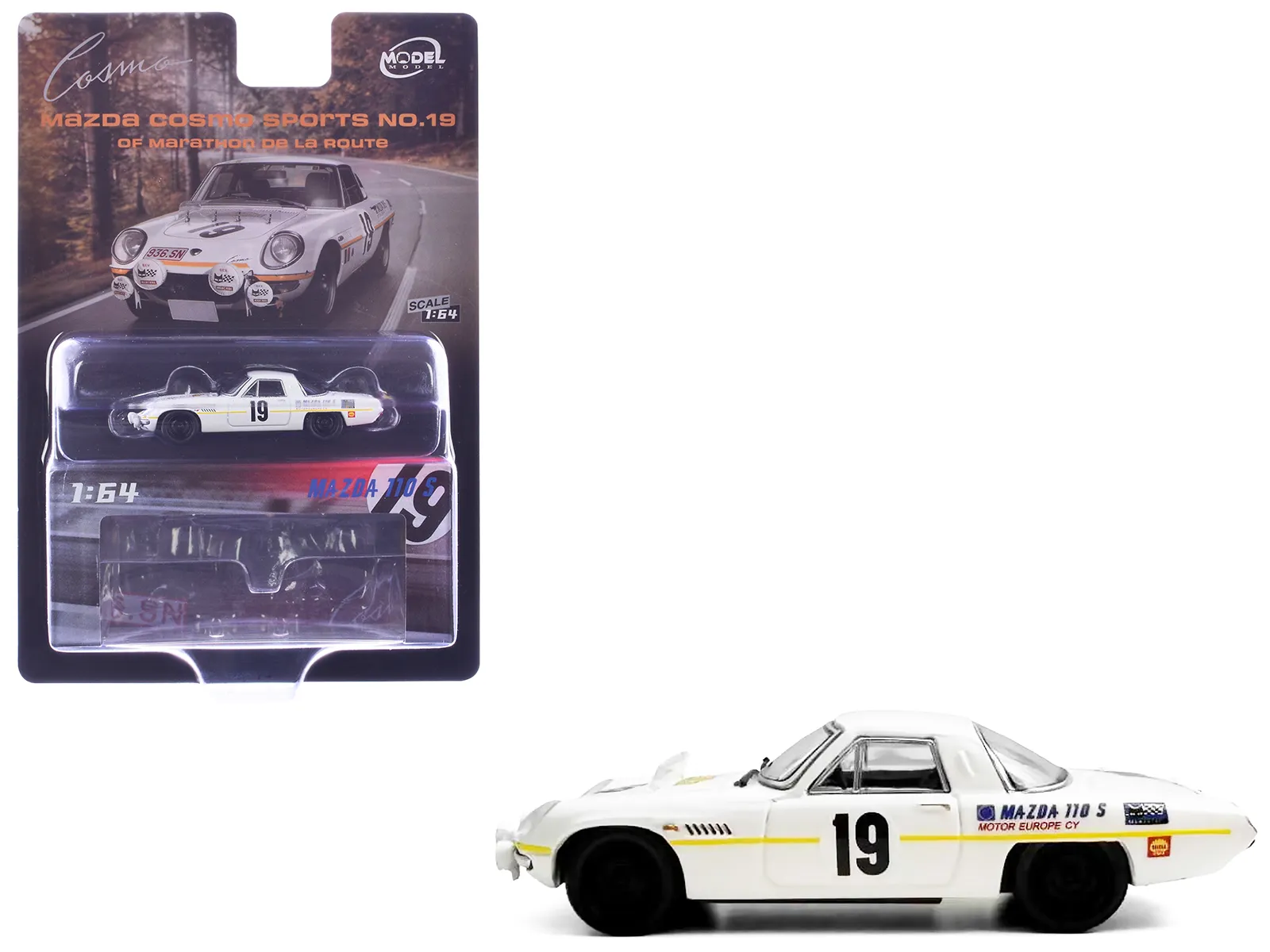 Model Model MM64-MCS-001 — Mazda 110 S Cosmo Sports RHD (Right Hand Drive) #19 "Marathon de la Route" (1968) 1/64 Diecast Model Car by Model Model