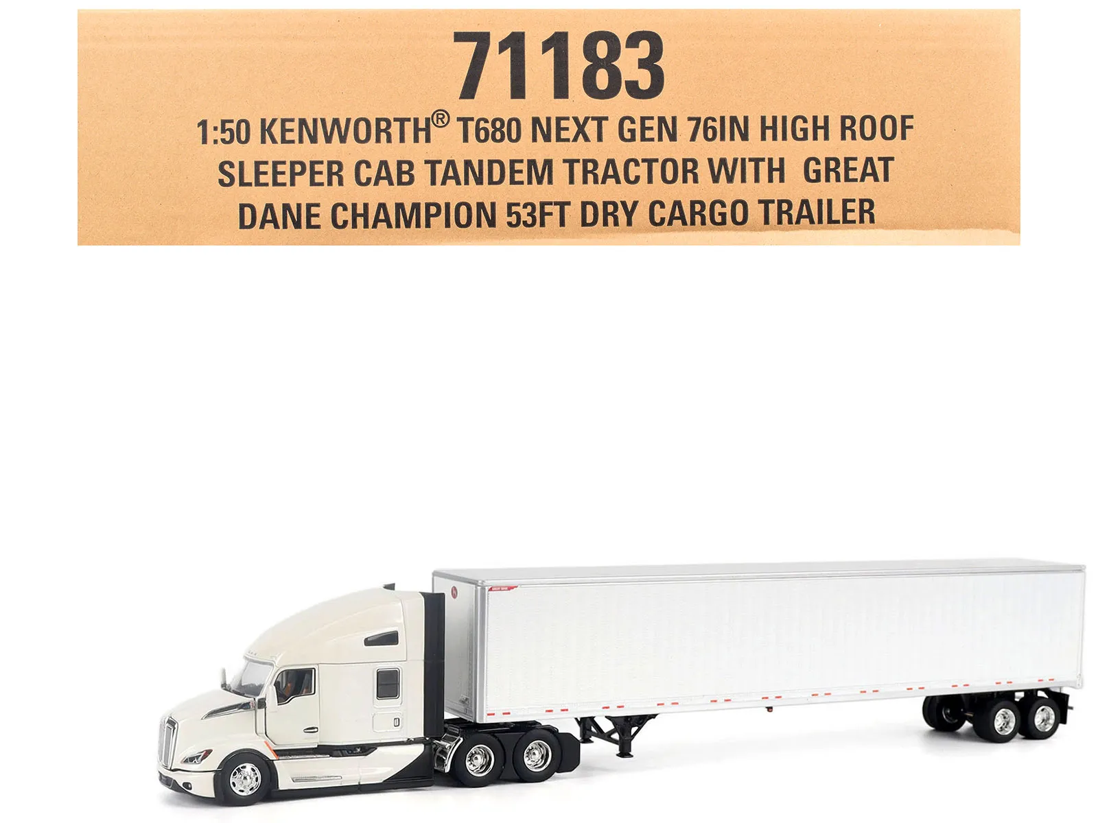 Diecast Masters 71183 — Kenworth T680 Next-Gen 76" High-Roof Sleeper Tandem Tractor White with Great Dane Champion 53ft Dry Cargo Trailer "Transport Series" 1/50 Diecast Model by Diecast Masters
