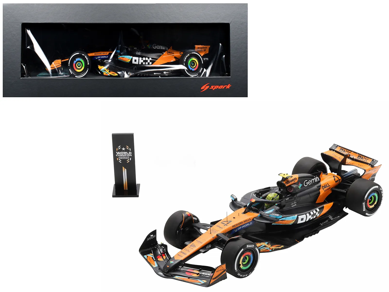 Spark 18S1118 — McLaren MCL39 #4 Lando Norris 3rd Place Formula One F1 "Abu Dhabi GP GP" (2025) "Drivers' World Champion 2025" with Pit Board and Acrylic Display Case 1/18 Model Car by Spark